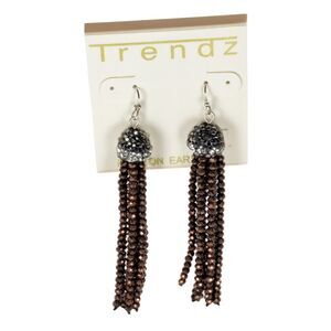 Silver Tone Metal Black & Silver Rhinestones Brown Bead Jellyfish Earrings NEW
